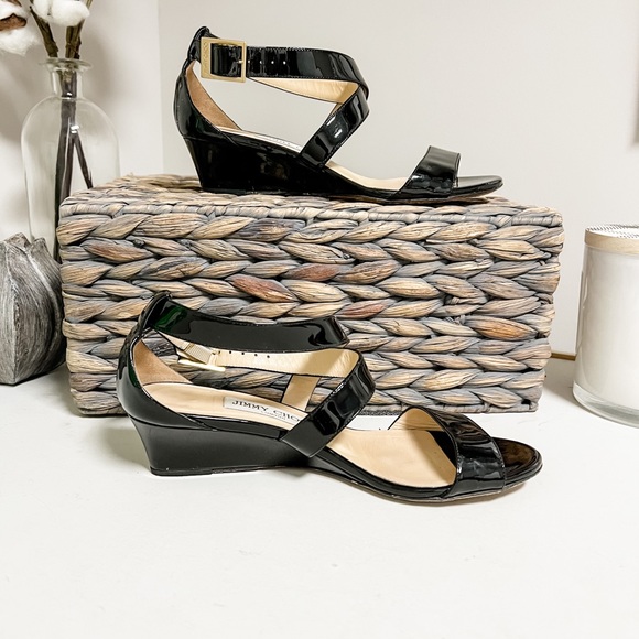 Jimmy Choo Black Patent Leather Open Toe Wedges Size 6 - Picture 3 of 9
